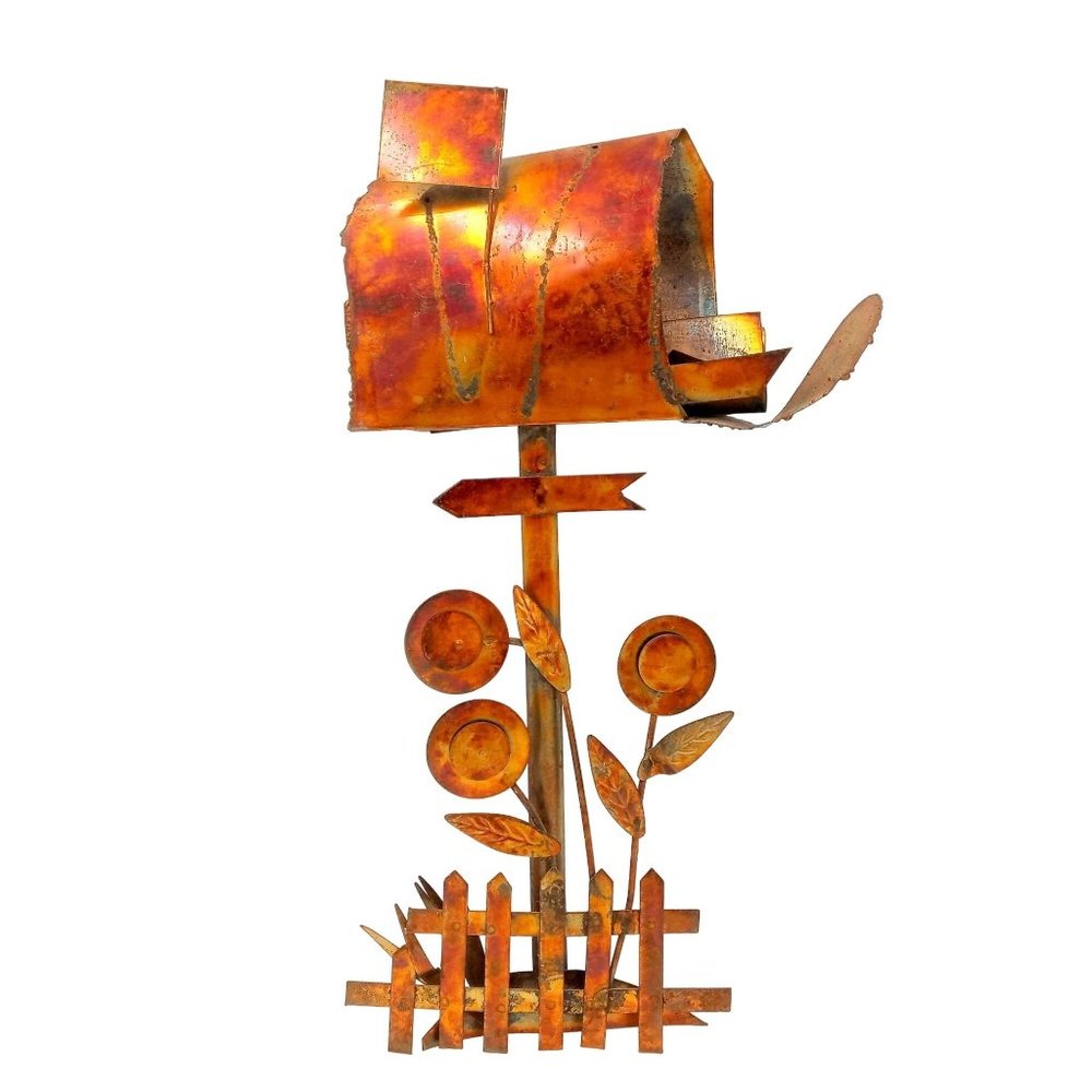 Mid Century Metal Brutalist Wall Sculpture Art Flowers MCM Vintage Mailbox 19 In